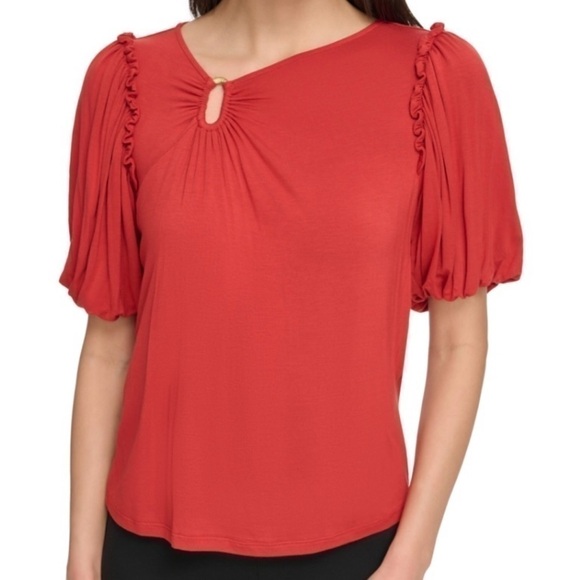 DKNY Solid Asymmetrical Neck Short Puffed Sleeve Hardware Jersey Knit Top Sz XS - Picture 1 of 16